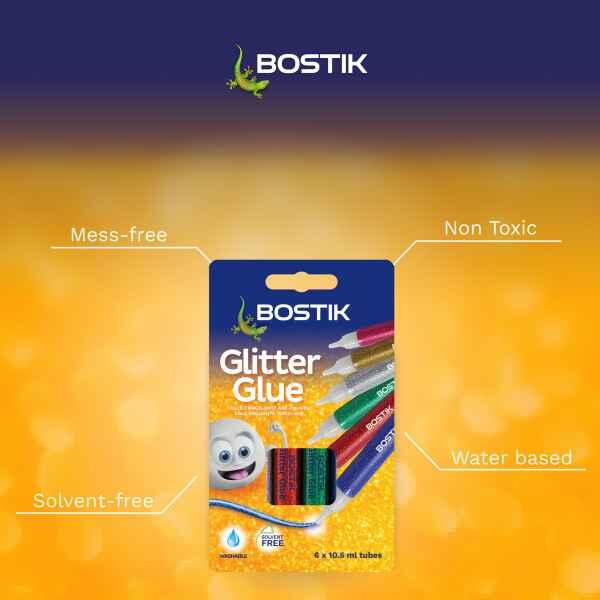 Bostik Glitter Glue features a non-toxic, water-based, solvent-free formula with mess-free application.