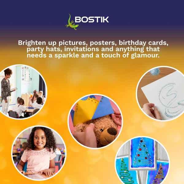 Bostik Glitter Glue adds sparkle to cards, posters, invitations, school projects and decorative craft creations.