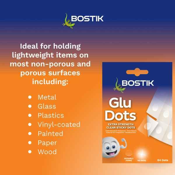 Bostik South Africa Glu Dots Extra Strength suitable for metal, glass, plastics, vinyl-coated surfaces, painted surfaces, paper, and wood.