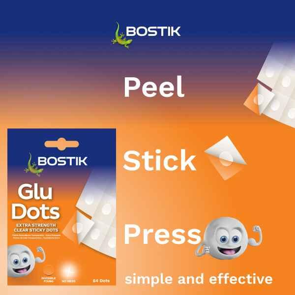 Bostik South Africa Glu Dots Extra Strength application process showing peel, stick, and press steps for easy use.