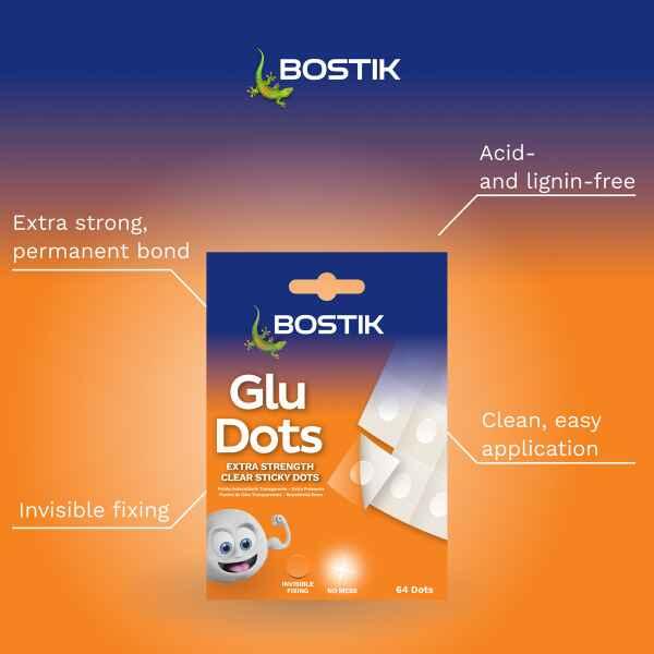 Bostik South Africa Glu Dots Extra Strength featuring permanent bonding, invisible fixing, acid-free formula, and clean application.