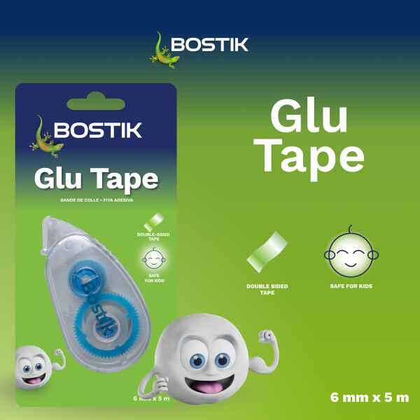 Bostik South Africa Glu Tape double-sided adhesive tape with instant application, safe for kids, and mess-free bonding for crafts and school projects.