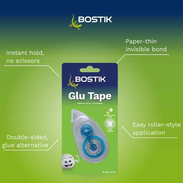 Bostik South Africa Glu Tape featuring instant hold, paper-thin invisible bond, roller-style application, and double-sided adhesive technology.