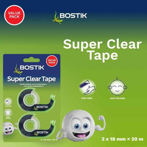 Bostik South Africa Super Clear Tape value pack featuring ultra-transparent adhesive tape that is acid-free, photo-safe, and suitable for school, home, and office use.