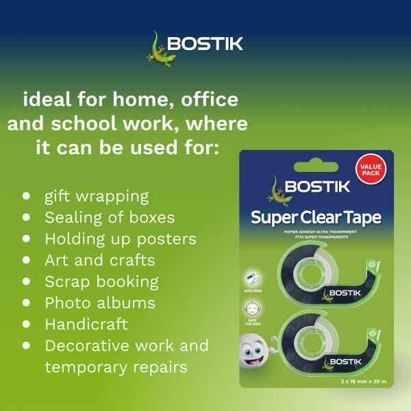 Bostik South Africa Super Clear Tape suitable for gift wrapping, box sealing, poster mounting, scrapbooking, photo albums, handicrafts, and temporary repair applications.