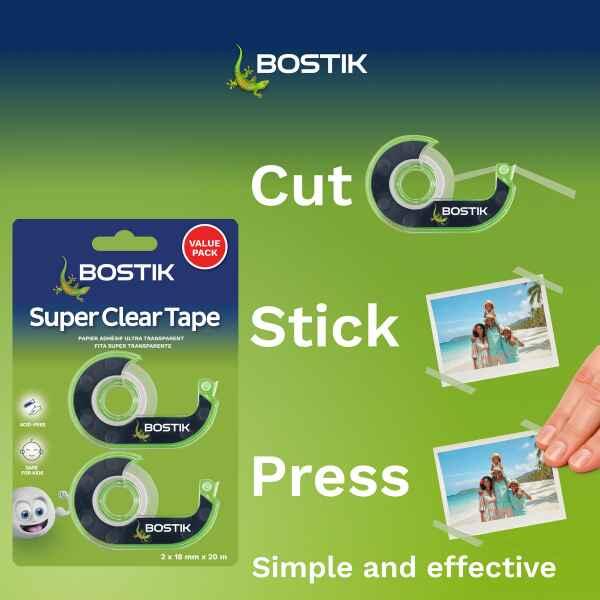 Bostik South Africa Super Clear Tape showing simple application steps: cut the tape, position it on the surface, and press firmly for a secure hold.