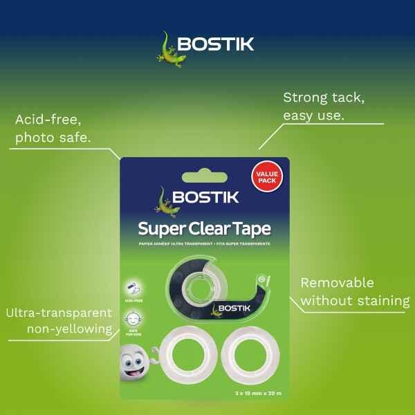 Bostik South Africa Super Clear Tape featuring ultra-transparent, non-yellowing adhesive, strong tack performance, photo-safe properties, and removable application without staining.