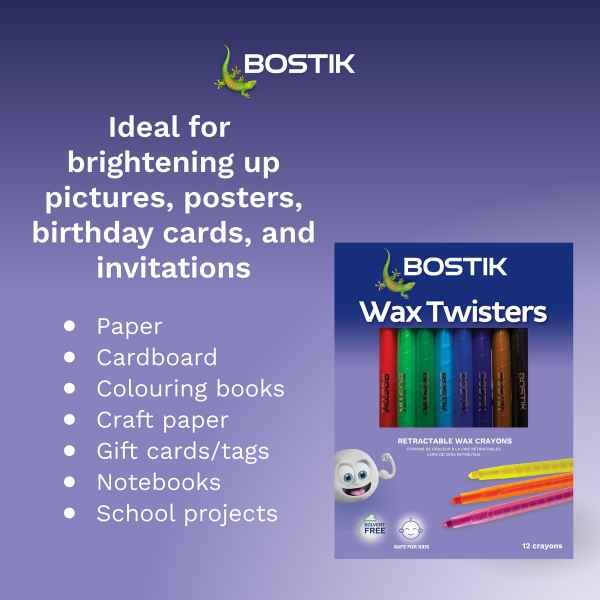 Bostik Wax Twisters retractable wax crayons with a simple twist, colour and create mechanism for mess-free colouring and creative projects.