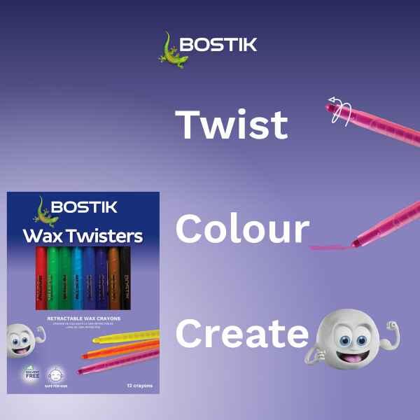 Bostik Wax Twisters retractable wax crayons featuring vibrant colours, durable design, no sharpening required and suitability for school stationery lists.