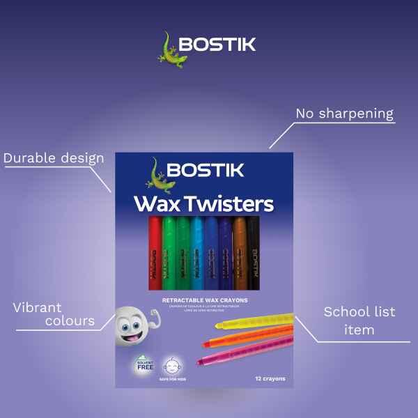 Bostik Wax Twisters wax crayons ideal for colouring, posters, birthday cards, invitations, school projects and other arts and crafts activities.