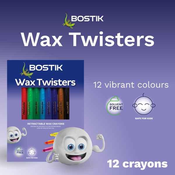 Bostik Wax Twisters wax crayons ideal for creative activities at home and school, including colouring books, drawings and arts and crafts projects.