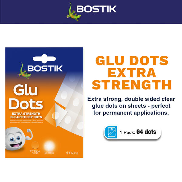 Bostik Glu Dots Extra Strength clear sticky dots with 64 dots for permanent and invisible bonding applications.