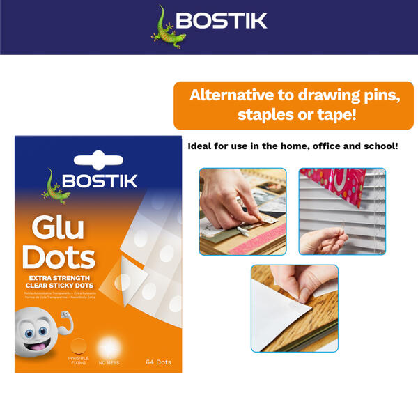 Bostik Glu Dots used for crafts, decorations, posters, and mounting applications at home, office, and school.