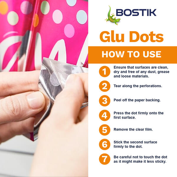 Step-by-step instructions showing how to apply Bostik Glu Dots for secure and clean bonding.