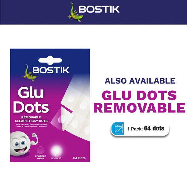 Bostik Glu Dots Removable clear sticky dots with 64 dots for temporary mounting and easy removal.