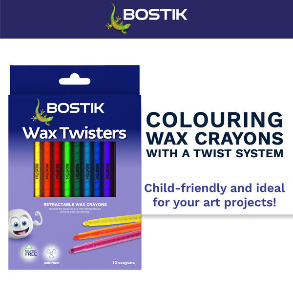 Bostik South Africa Wax Twisters retractable wax crayons featuring 12 vibrant colours, solvent-free and non-toxic formula, designed for children's art projects, school activities, and creative colouring.