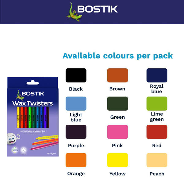 Bostik South Africa Wax Twisters displaying 12 assorted crayon colours including black, brown, blue, green, pink, red, orange, yellow, and purple for colourful drawing and creative projects.