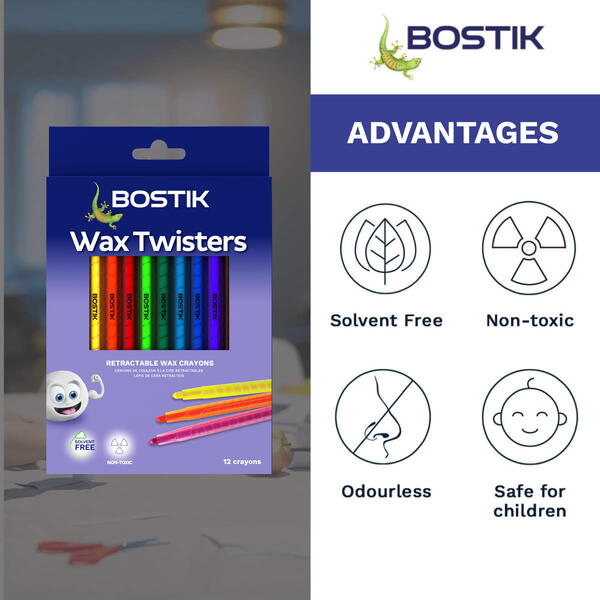 Bostik South Africa Wax Twisters highlighting key benefits including solvent-free, non-toxic, odourless formula and safe use for children in schools, homes, and art activities.