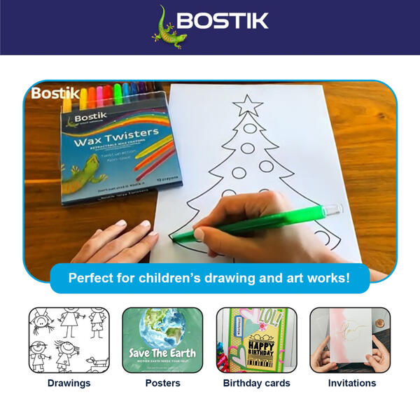 Bostik Wax Twisters crayons shown being used to draw and decorate a Christmas tree, ideal for children's drawings, posters, birthday cards and invitations.