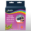 Packaging of Bostik Handy Hot Melt Glue Gun, highlighting its suitability for hobbies, crafts, and minor repairs.