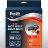 Packaging of Bostik DIY Hot Melt Glue Gun, showcasing its long-lasting bond for ceramics, leather, wood, and metal.