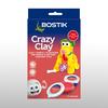 Packaging of Bostik Crazy Clay showing a yellow dog model and six small tubs of colourful air-drying clay, labeled as the world’s softest, lightest clay.