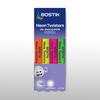Front view of a Bostik Neon Twisters 4-pack, featuring orange, yellow, pink, and green retractable gel highlighters in blister packaging labeled as solvent-free and safe for kids.