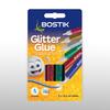 Packaging of Bostik Glitter Glu 6-pack, showing assorted colours for decorating paper, cardboard, photo frames, and more.