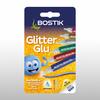 Packaging of Bostik Glitter Glu 6-pack, showing assorted colours for decorating paper, cardboard, photo frames, and more.