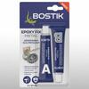 Opakowanie kleju Bostik Epoxy Fix Metal z dwuskładnikowymi tubkami A i B oraz ikonami metalu, podkreślające wytrzymałe naprawy i odporność na czynniki chemiczne.