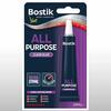Συσκευασία Bostik All Purpose Clear Glue με πληροφορίες για ισχυρή και γρήγορη κόλληση, ιδανική για κεραμικά, μέταλλο, χαρτί και καθημερινές επισκευές.