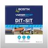 Bostik Waterstop DIT-SIT self-adhesive butyl sealing tape packaging, showing product features such as waterproof, paintable, and heat-resistant up to 100°C, with application photos of rooftops, solar panels, and gutters.