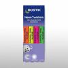 Front view of a Bostik Neon Twisters 4-pack, featuring orange, yellow, pink, and green retractable gel highlighters in blister packaging labeled as solvent-free and safe for kids.