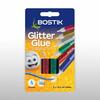 Packaging of Bostik Glitter Glu 6-pack, showing assorted colours for decorating paper, cardboard, photo frames, and more.