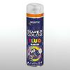 Aerozol Bostik Super Color Fluo Marker w białej nakrętce, z kolorowym nadrukiem i oznaczeniem 360°; fluorescencyjny spray do dekoracji i oznaczeń DIY.