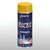 Aerozol Bostik Super Color Universal w żółtej nakrętce; szybkoschnący lakier akrylowy do uniwersalnych zastosowań dekoracyjnych, z grafiką miejskich wieżowców.