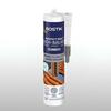 Kartridż Bostik Perfect Seal Dach & Balkon, szary uszczelniacz do obróbek, rynien i cokołów, z grafiką dachówek i dołączoną dyszą aplikacyjną.