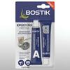 Opakowanie kleju Bostik Epoxy Fix Metal z dwuskładnikowymi tubkami A i B oraz ikonami metalu, podkreślające wytrzymałe naprawy i odporność na czynniki chemiczne.