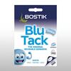 Packaging of Bostik Blu Tack White, highlighting its reusable, solvent-free adhesive for sticking and holding.
