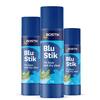 Three Bostik Blu Stik glue sticks in 8g, 21g, and 35g sizes, all labelled “I’m blue and dry clear.”