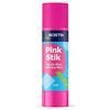 A Bostik Pink Stik glue stick (35 g) with a neon pink cap and label reading “Pink Stik – I go on fluro and dry fluro” displayed against a white background.