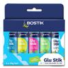A 5-pack of Bostik Glu Stik glue sticks in assorted colours—blue, yellow, pink, green, and clear—arranged side by side in retail packaging labeled "Glu Stik – four fun colours to try."